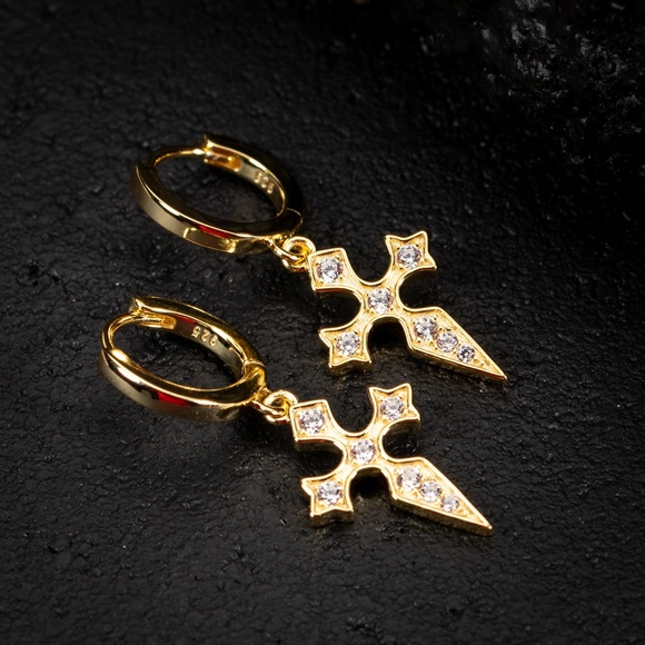 Cross Dangle Mens Iced Gold 925 Sterling Silver Huggie Dagger Hoop Earrings - Picture 2 of 6